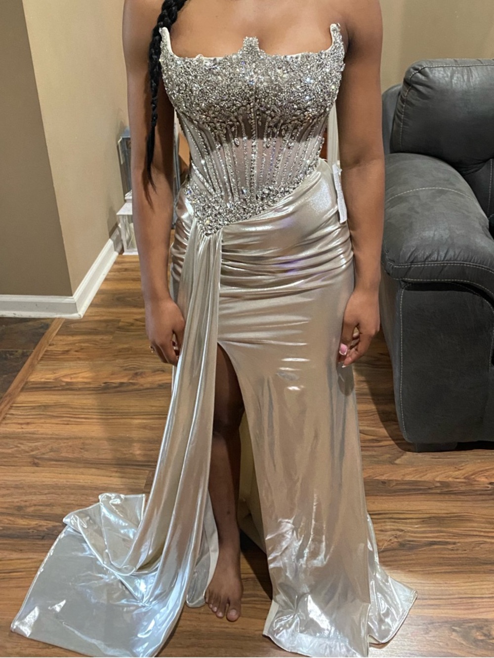 Silver Beaded Corset Prom Gown